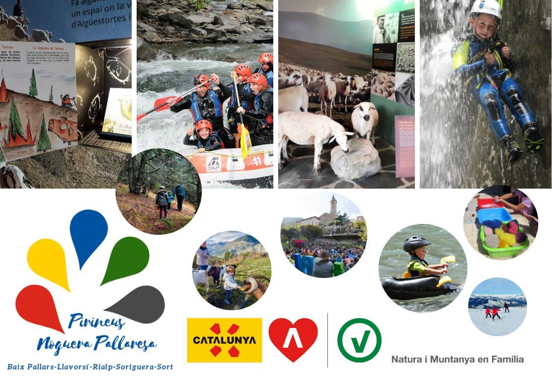 Un collage fotos, amb contes Cambuleta, ràfting, museu del pastor, descens de barrancs, senderisme, animals, Lo Llumener, kayak, tallers i esquí, tot fet per nens, acompanyat del logotip de la destinació turística familiar